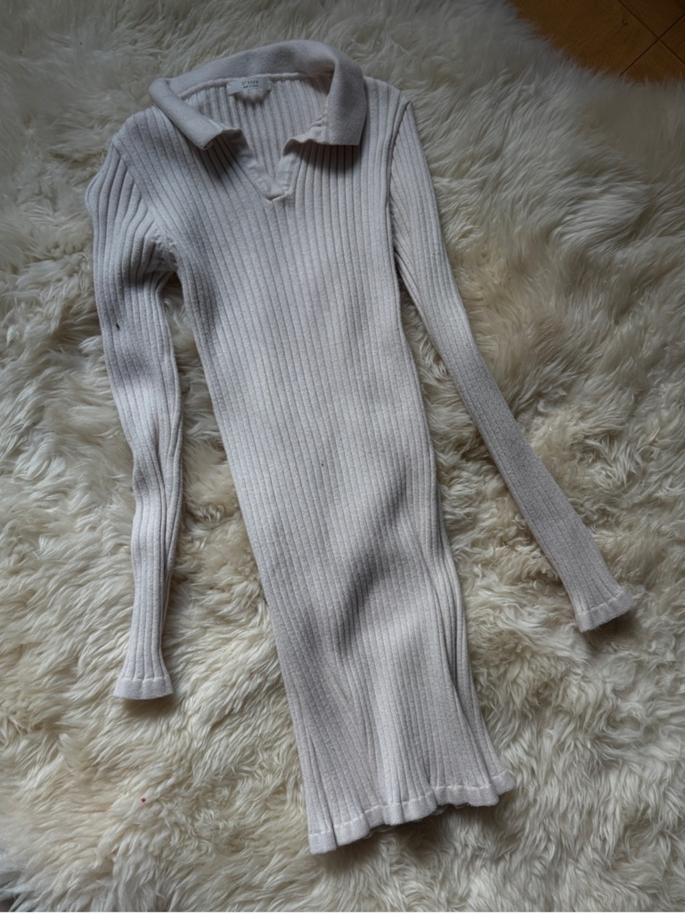 Ribbed Collared Knit Dress in Light Beige